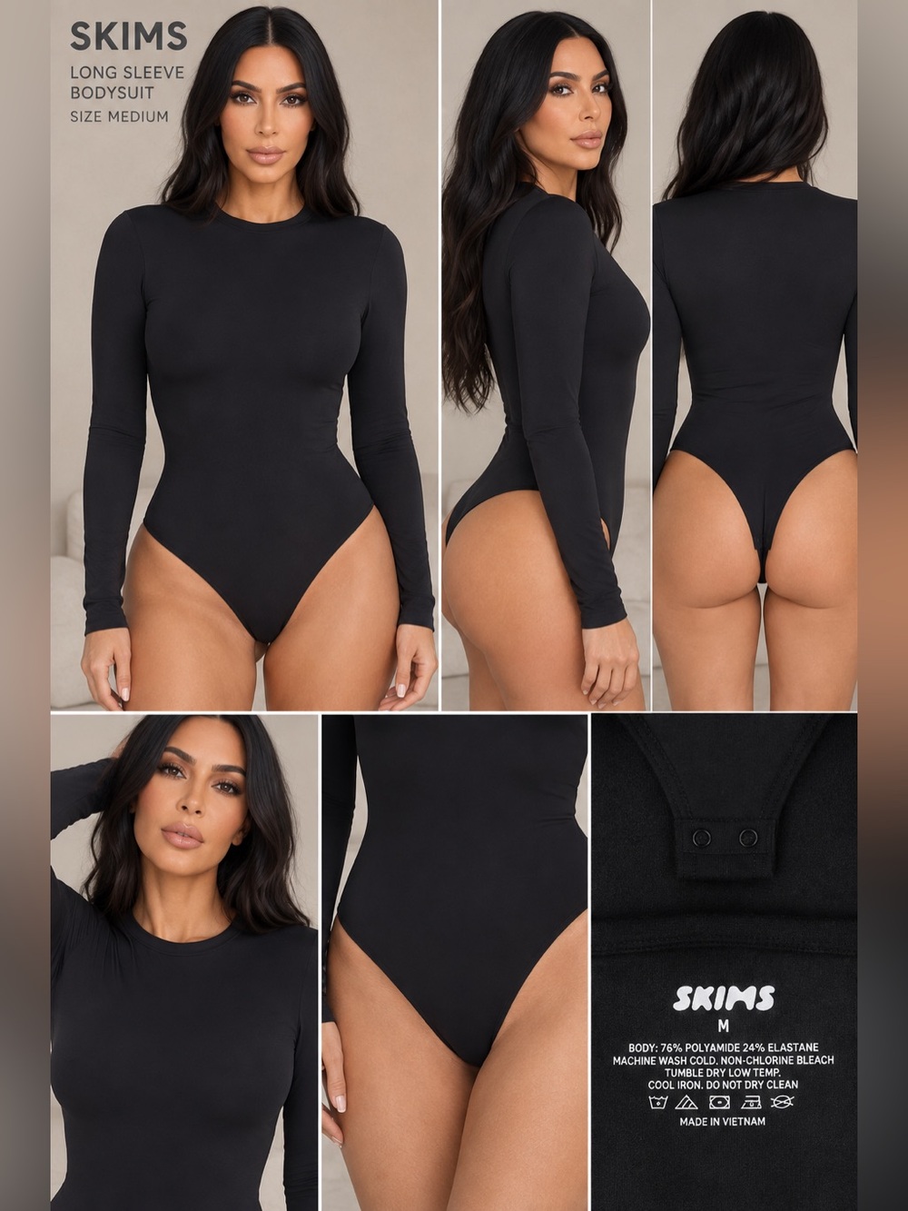 Skims Black Long Sleeve Bodysuit - Women's Intimates medium